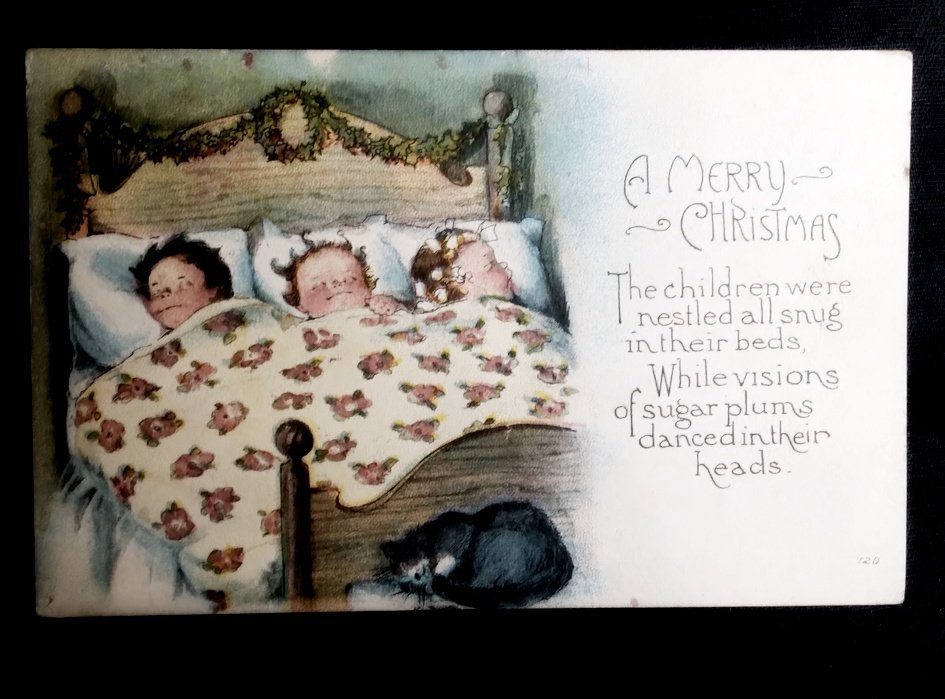 Antique Holiday Postcard - Sleeping Children and Kitten - Posted 1920 Post Card