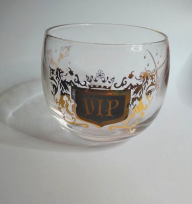 Black & Gold Roly Poly Barware Glass VIP Crest Crossed Swords Scepter
