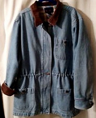 Vintage Denim & Co Denim Barn Jacket - Plaid Lined Brown Corduroy Collar Cuffs Sz Large