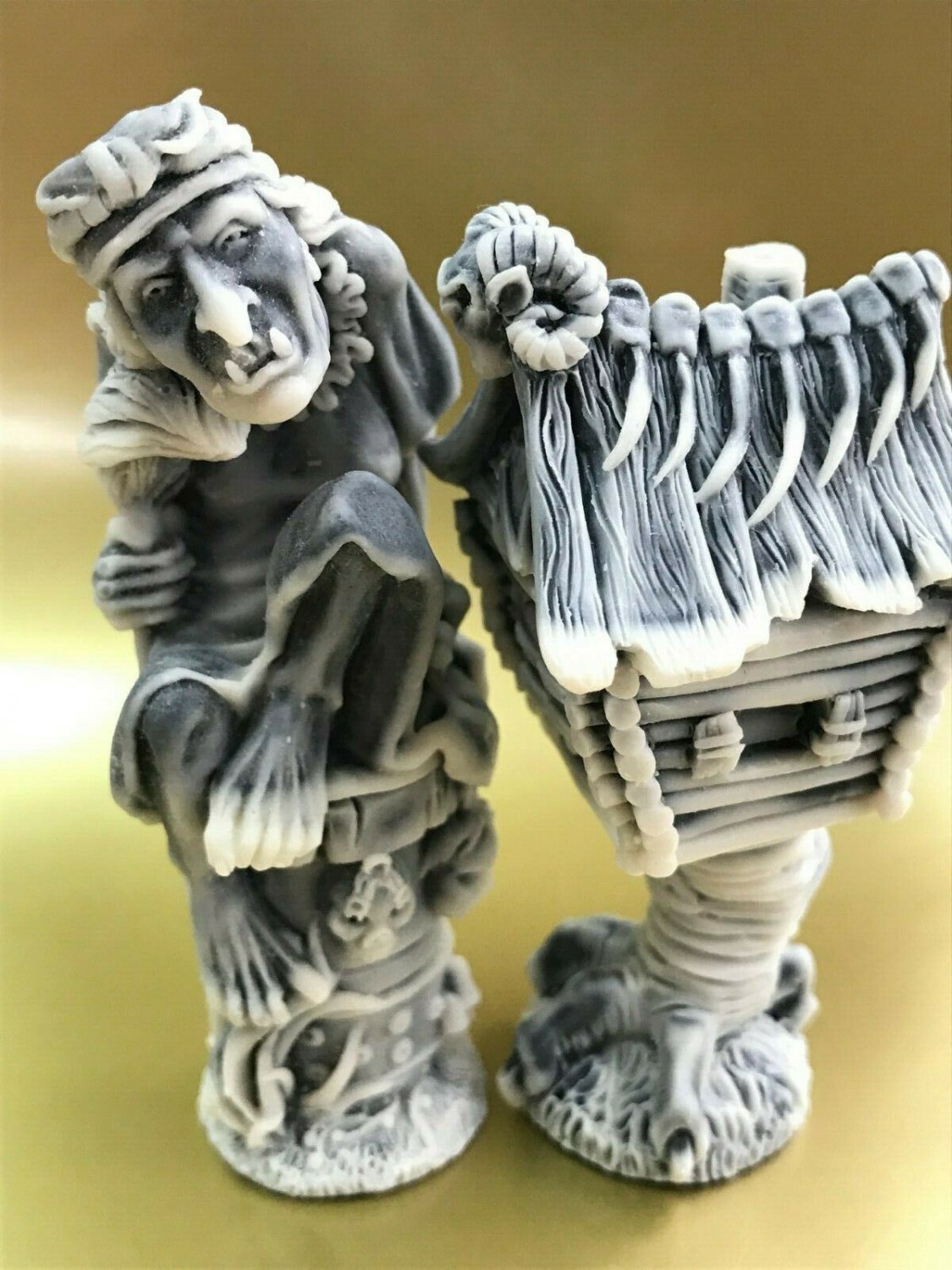 Two Baba Yaga and hut figurines Russian folklore Witch marble chips handmade