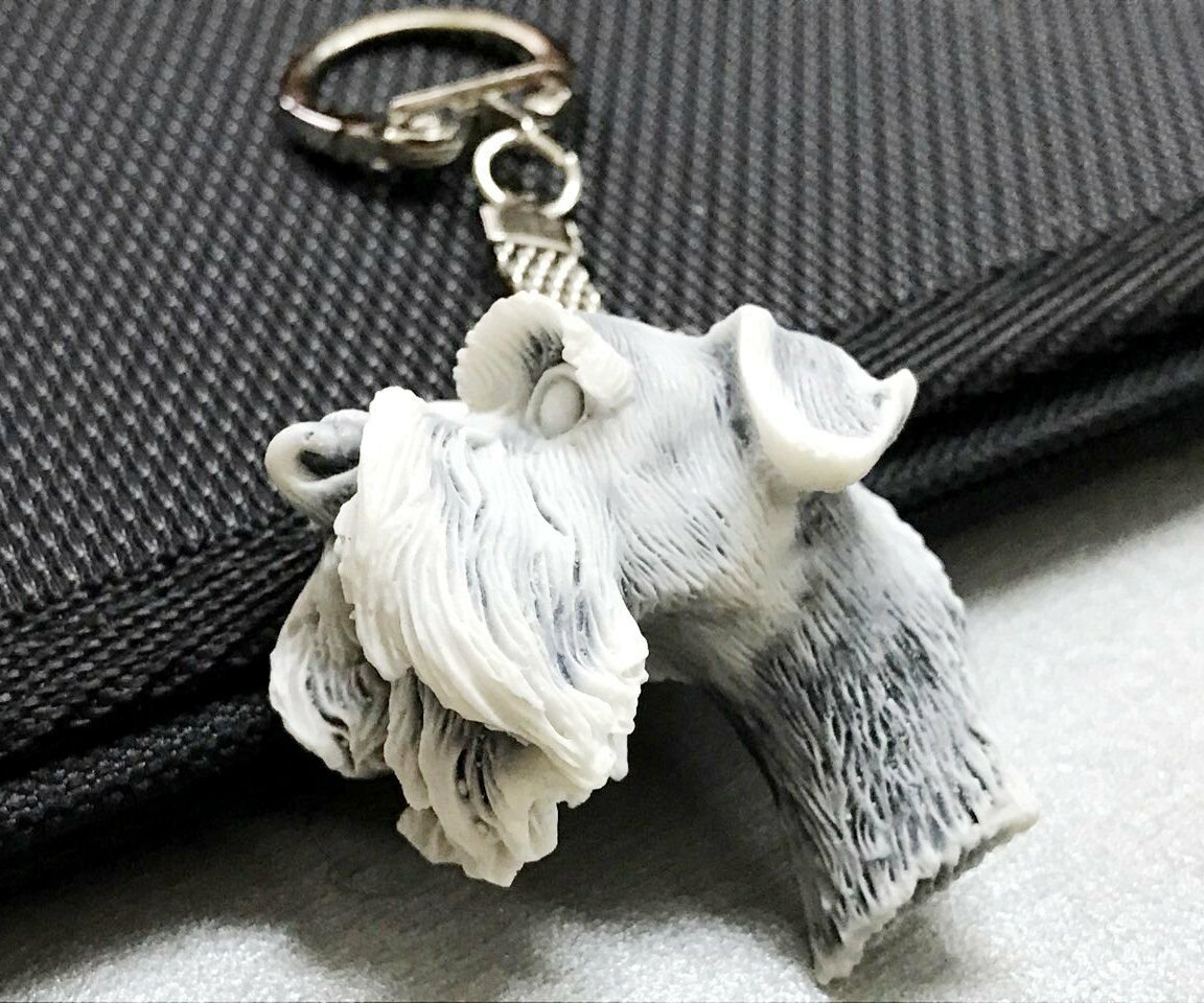 Schnauzer keychain half dog head figurine marble chips  from Russia handmade
