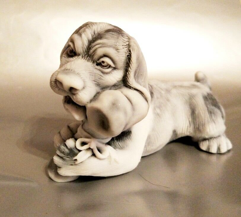 Puppy with bone statuette marble chips realistic figurine dog made in Russia