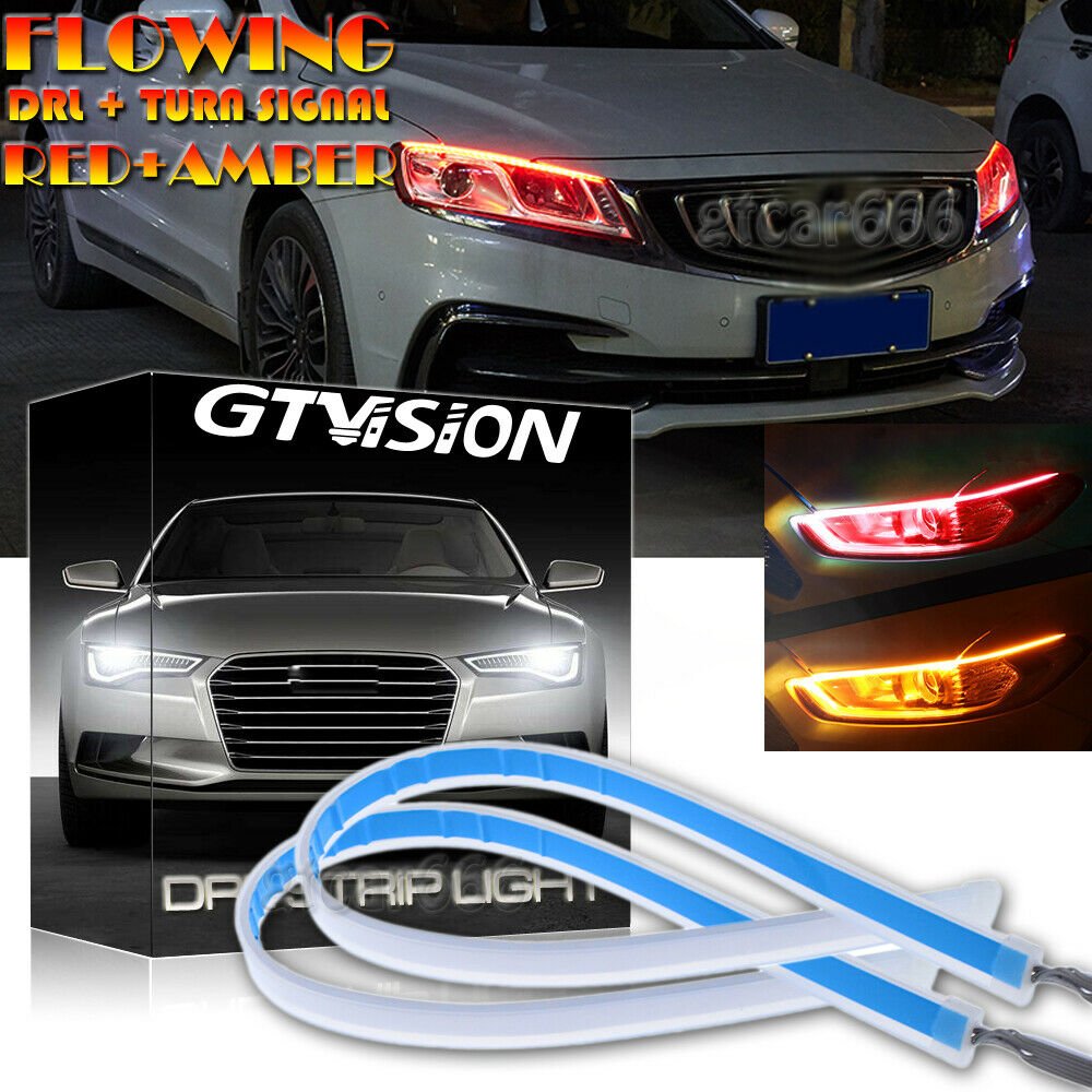 30CM Sequential LED Turn Signal Daytime Running Light Headlight Strip Red Amber