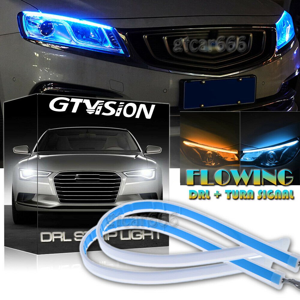 2x Switchback Signal LED Knight Rider Strip Light Sequential DRL ICE BLUE Amber