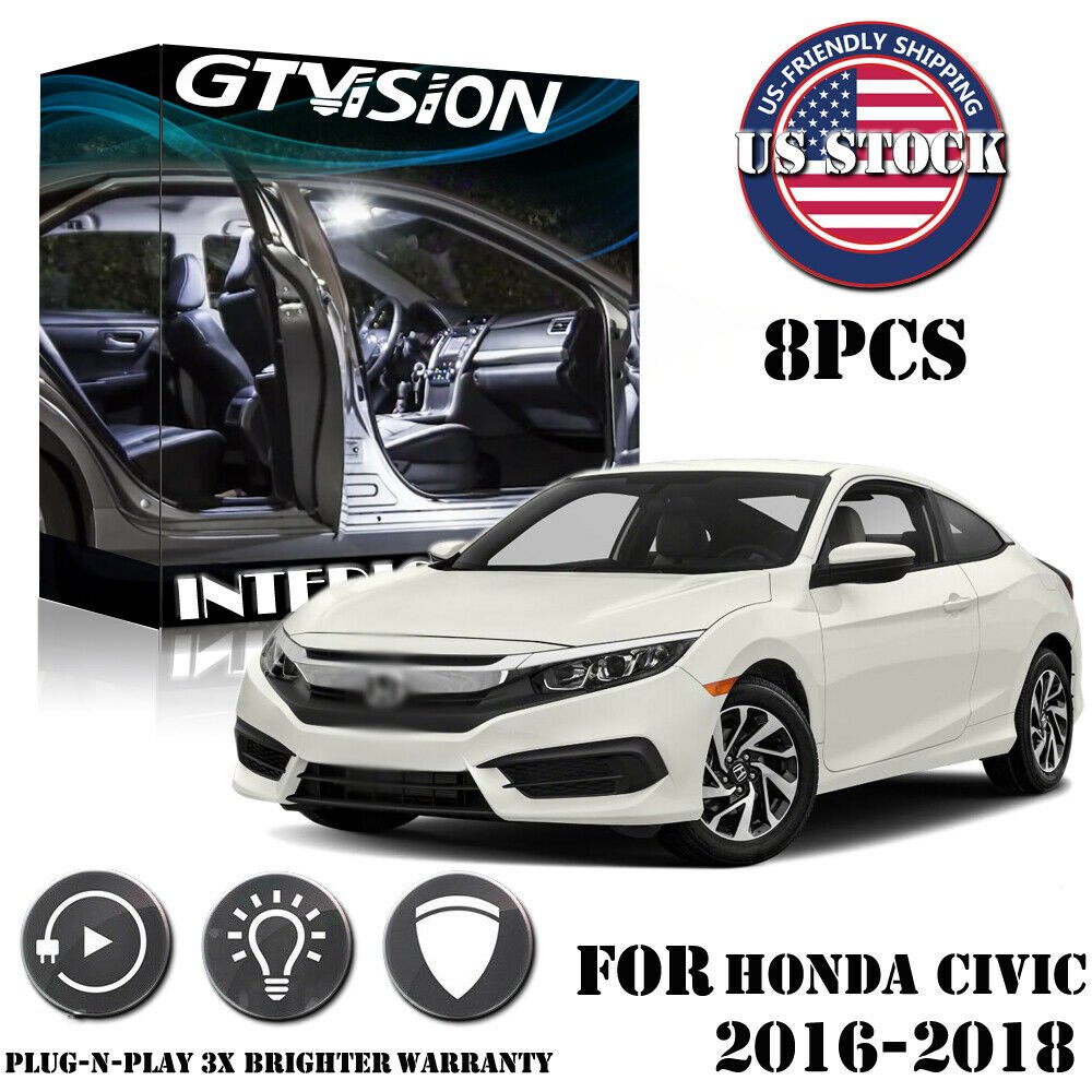 8x White LED Interior Lights Package Kit Fit 2016 - 2018 2019 Honda Civic +Tool