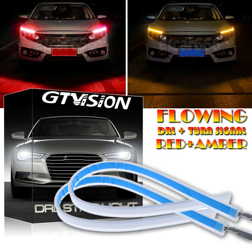 2x 45cm LED New Slim Headlight DRL Strip Light Sequential Flow Signal Red Yellow