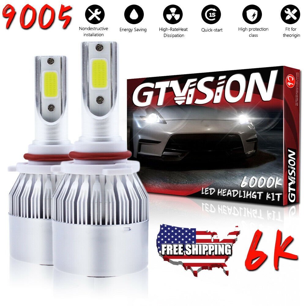 2pc 9005 LED Headlight High Low Beam Bulbs 6000K White High Power 1300W 195000LM