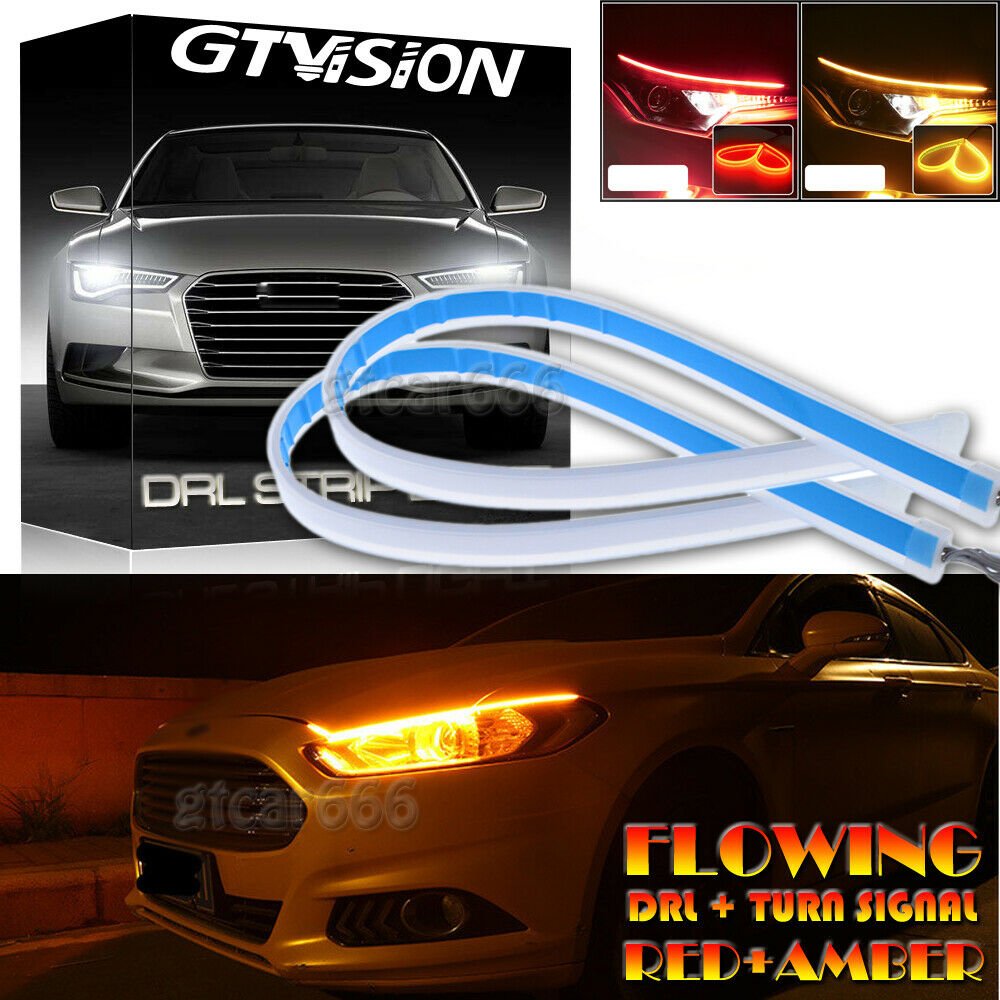 2x 30CM Red Amber Switchback Car LED Strip Light DRL Flow Sequential Turn Signal