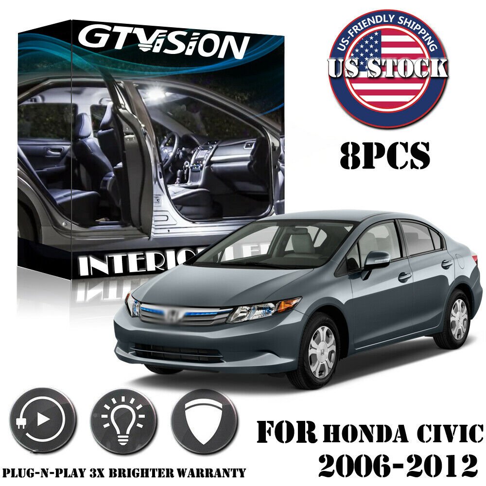 8x White LED Interior Lights Package Kit Fit Honda Civic 2006 - 2012 Sedan Coupe
