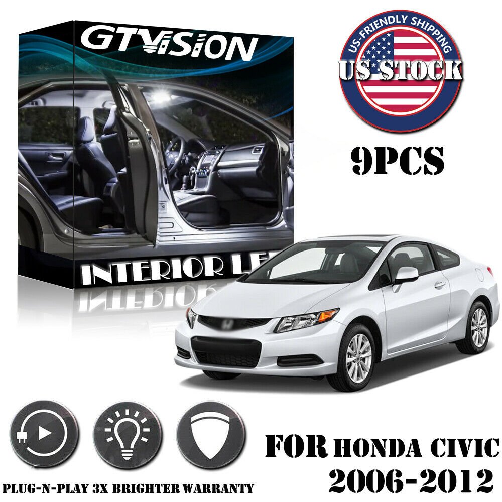 9x White LED Interior Lights Package Kit Fit 2006 - 2012 Honda Civic Sedan +Tool