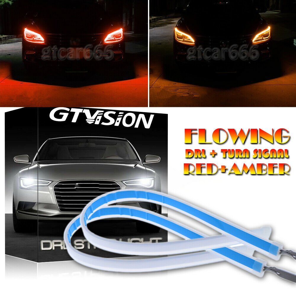2pcs 60CM Switchback Car DRL LED Light Strip Sequential Turn Signal Red + Amber