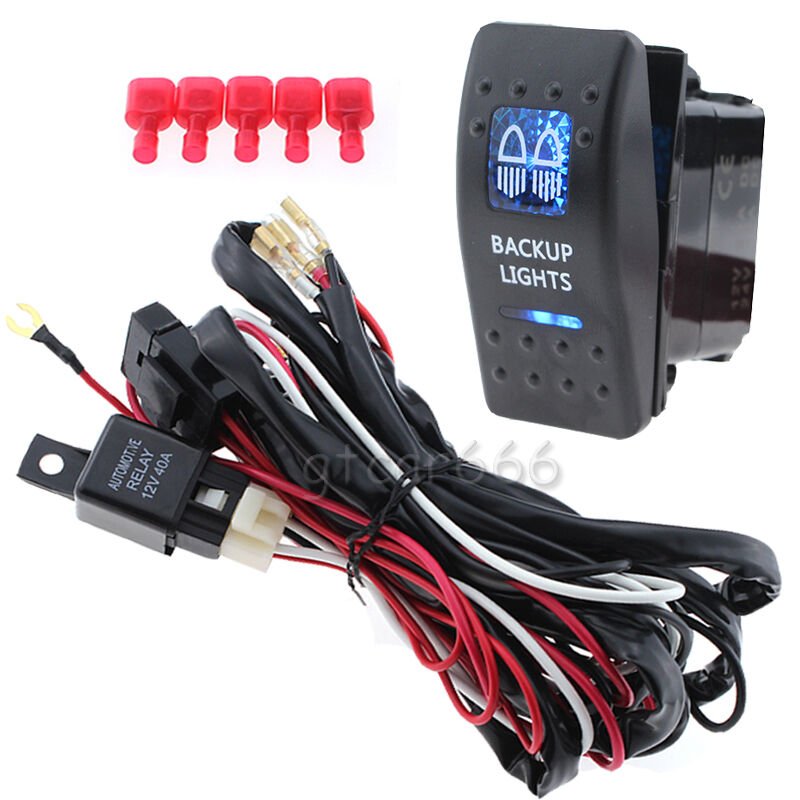 12-24V Car RV LED Backup Light Rocker On/Off Switch Relay Wiring Harness Kit