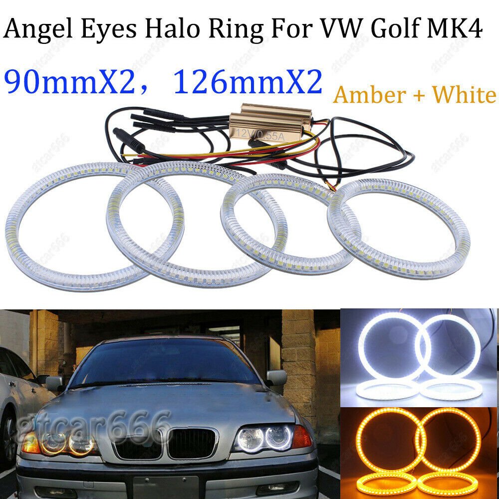 4Pcs Dual Color White Yellow LED Angel Eyes Halo Rings For VW Golf Mk4 1997-2003