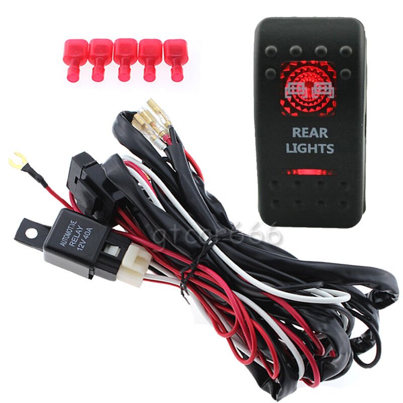 Autos Waterproof Rear Light 5-Pin Red LED Rocker Switch + Wiring Harness 40AMP
