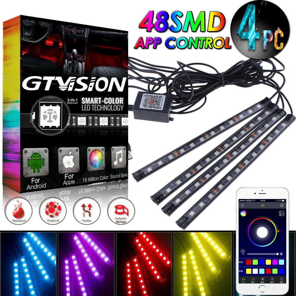 Colorful 48 LED APP Control Ambient Footwell Light Car Interior Decor 16 Color