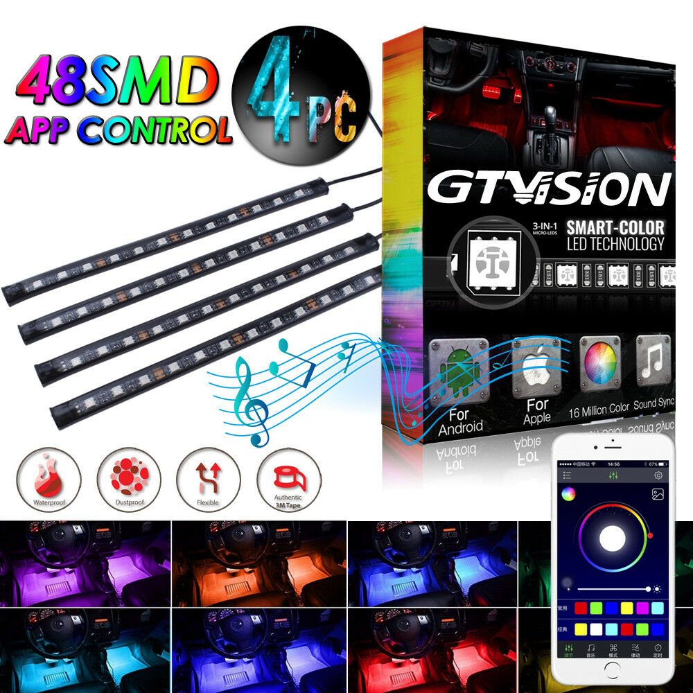 APP Control RGB 48-LED Glow Interior Kit Under Dash Footwell Inside Seats Light