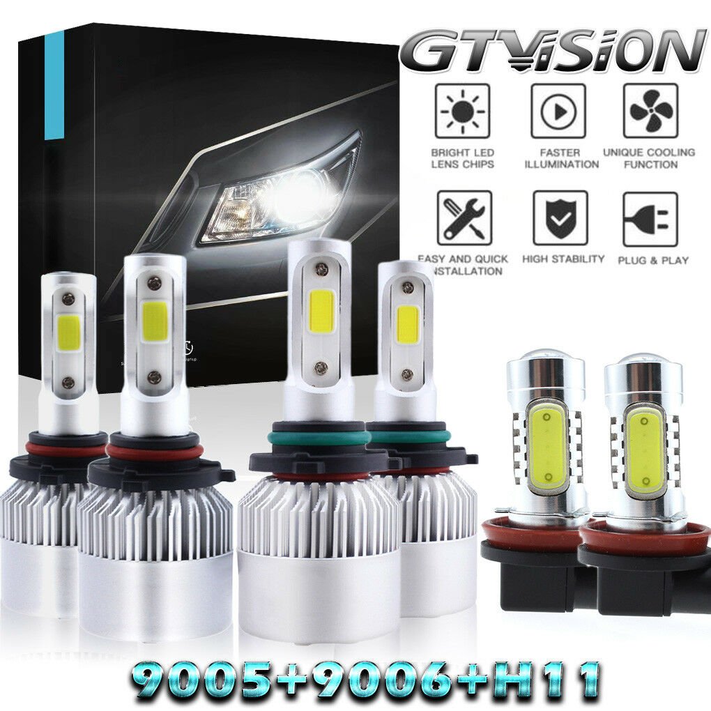 6PCS 9005+9006+H11 LED Headlights High Low Beam + Fog Light Bulb 6000K Fog Light