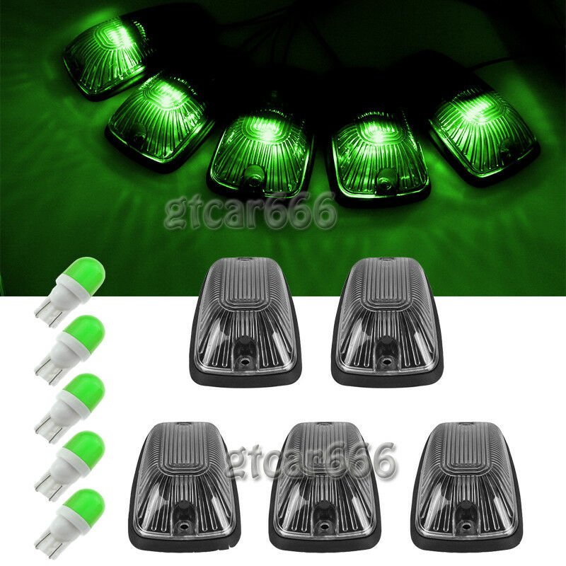 5 Smoke Cab Marker Top Light Cover Kit + Green LED Bulbs For 1988-2002 GMC Chevy