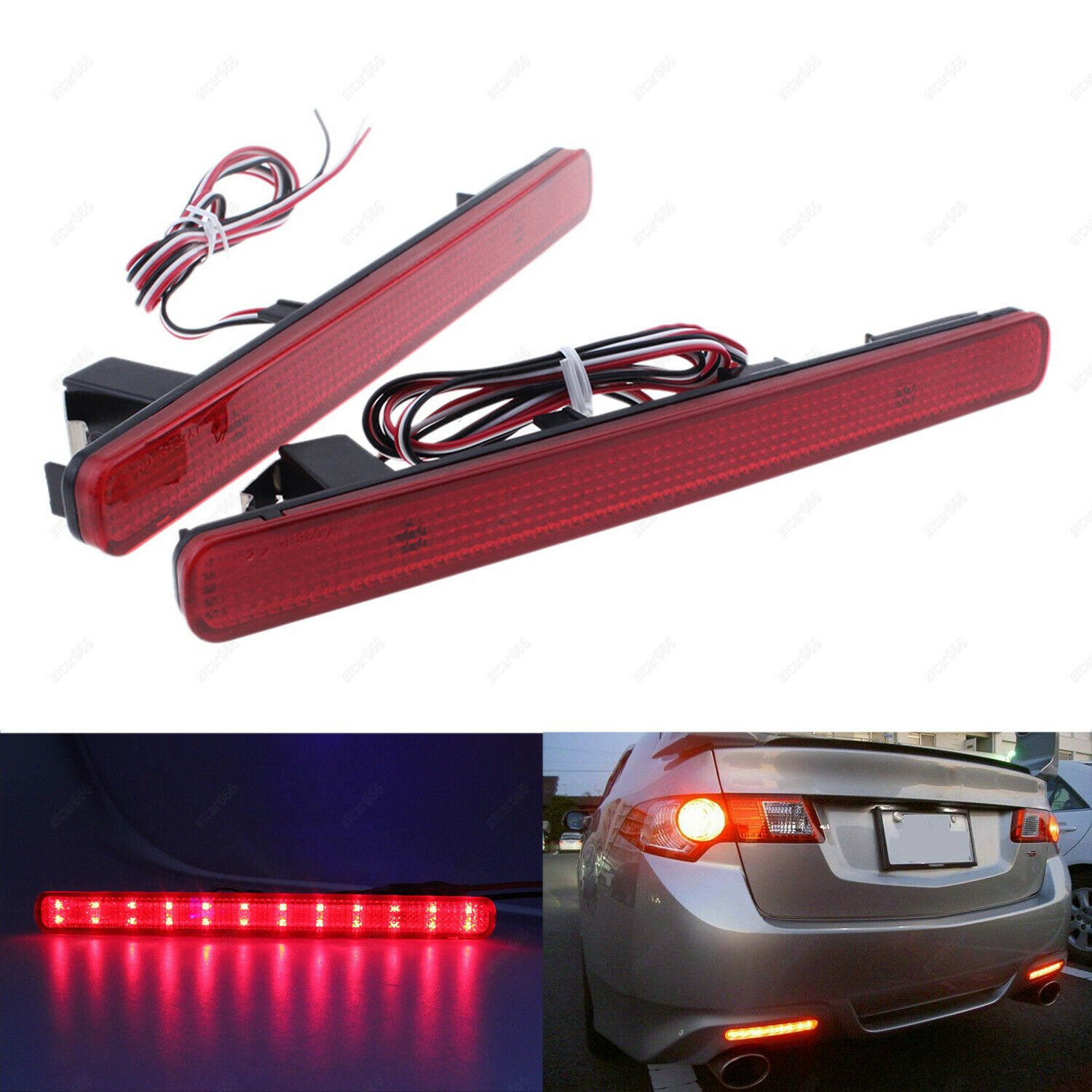 2x Red Lens Rear Bumper Reflector LED Tail Stop Brake Light For 09-14 Acura TSX