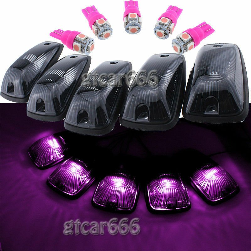 5pc Cab Marker Light Smoke Cover Lens + Pink LED + Base for GMC Chevy C1500-3500