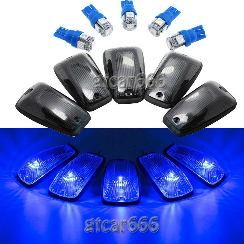 5X Cab Marker Light Smoke Cover + 5050 Blue LED + Base For GMC Chevy C1500-3500