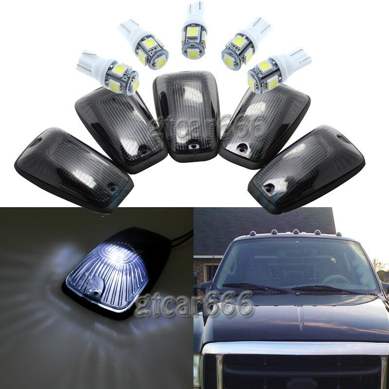 For Chevy GMC 88-02 Cab Marker Roof Light Smoke Cover Lens Set + White 5050 LED