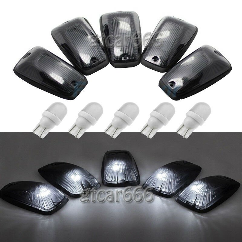 5X Smoke Lens Cab Marker Roof Light Set + 5X White LED Lights Bulb For Chevy GMC