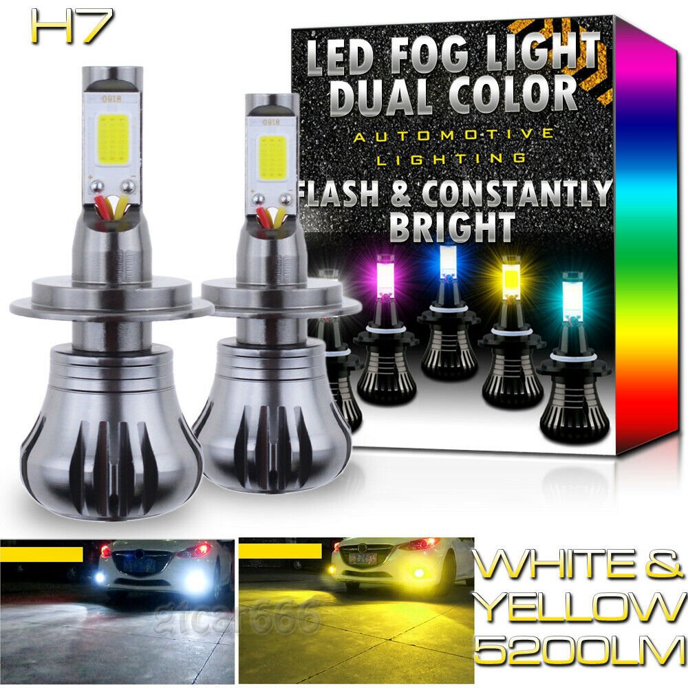 2X H7 Upgrade LED Fog Light Bulbs Dual Color w/ Flash Mode 6K White + 3K Yellow