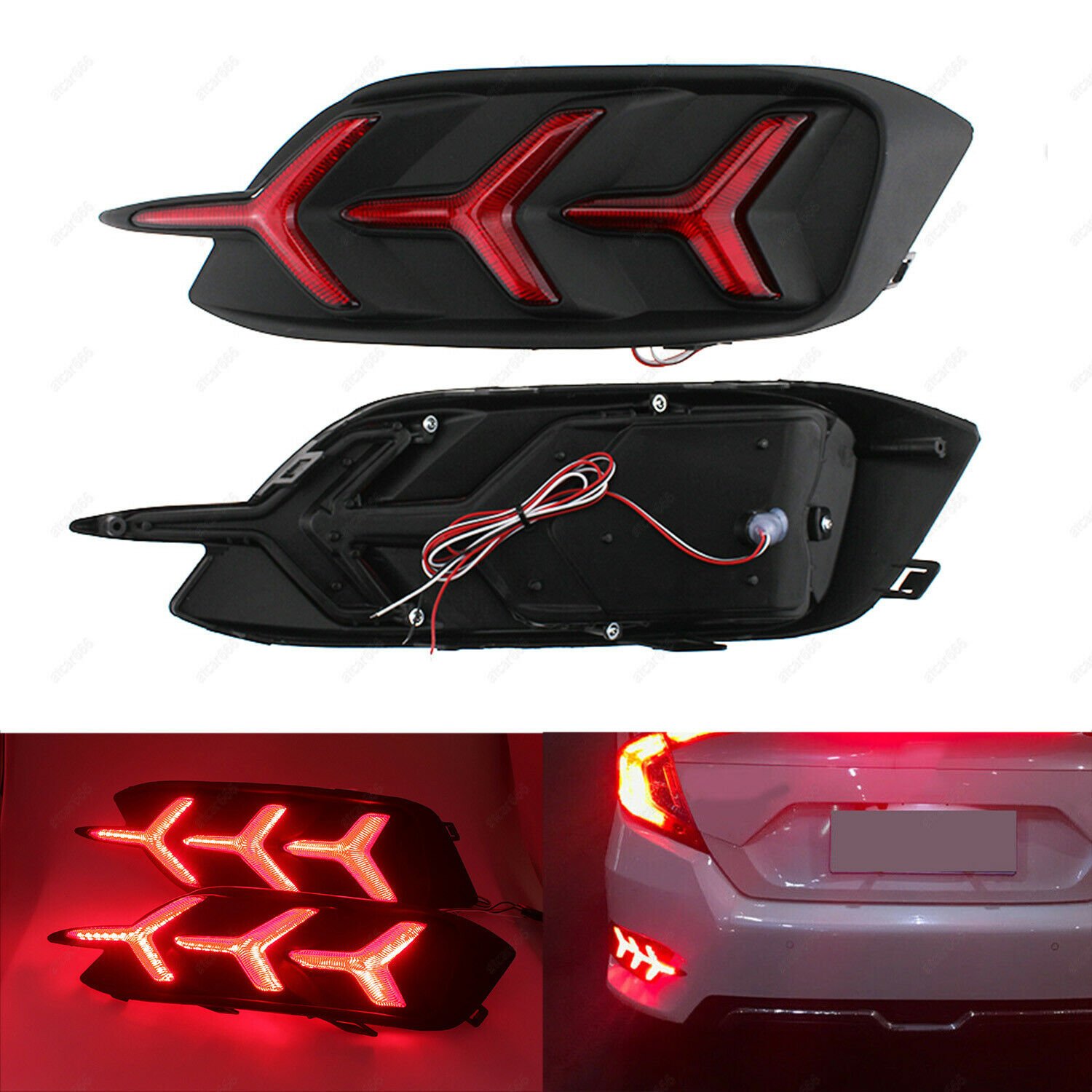 2x Red Lens Rear Bumper Reflector LED Tail Stop Brake Light For Honda Civic 2017