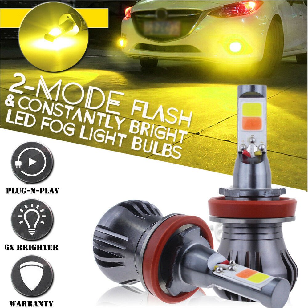 2pcs H11 H8 H9 H16 COB LED Fog Light Conversion Kit Amber Yellow w/ Flash Mode