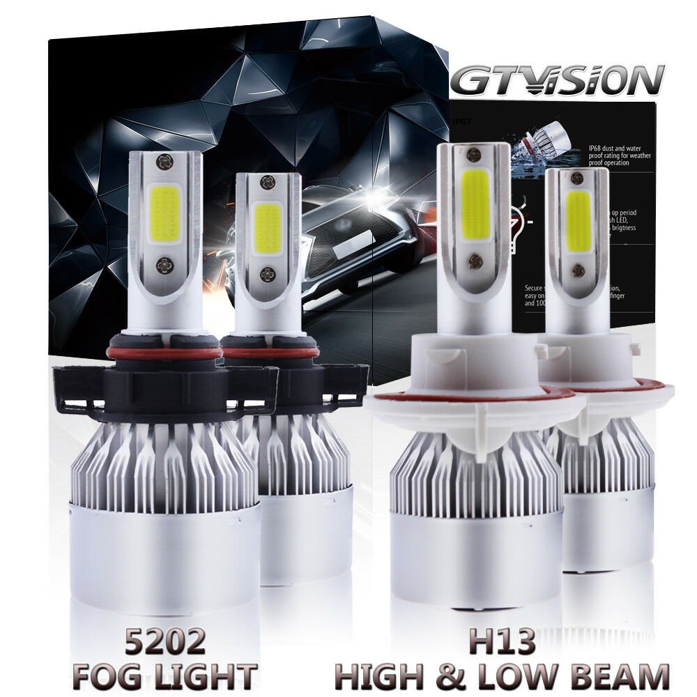 H13 9008 LED Headlight High Low Beam 5202 Fog Light Combo Kit 6000K Xenon White