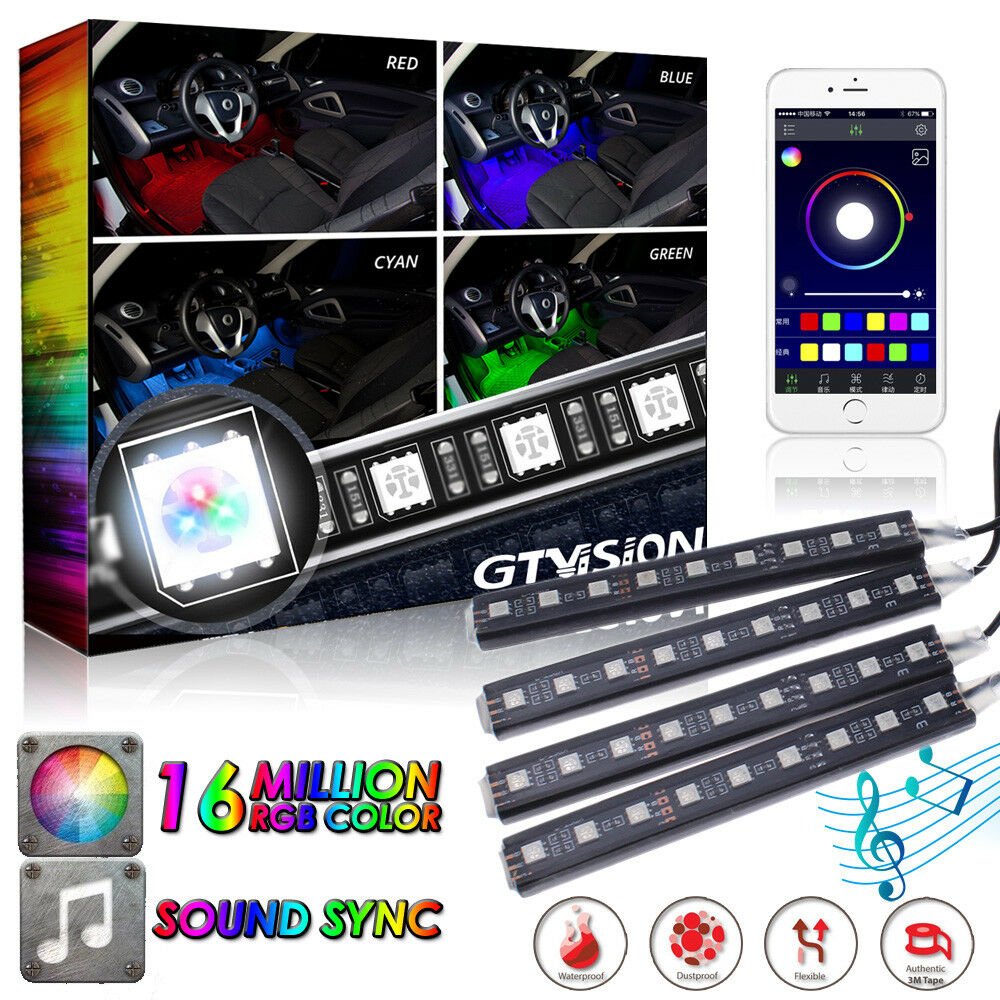 4PC 36 LED RGB Wireless Phone APP Music Control LED Strip Light Interior Kit 12V