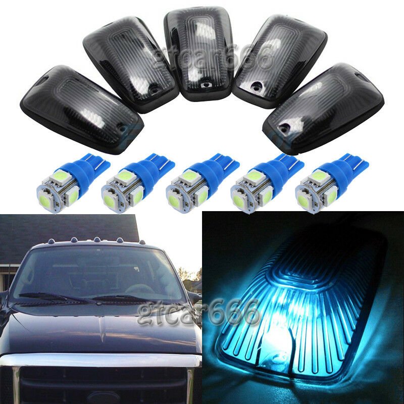 5X Smoke Lens Cab Marker Roof Light Set + Ice Blue LED Lights Bulb For Chevy GMC