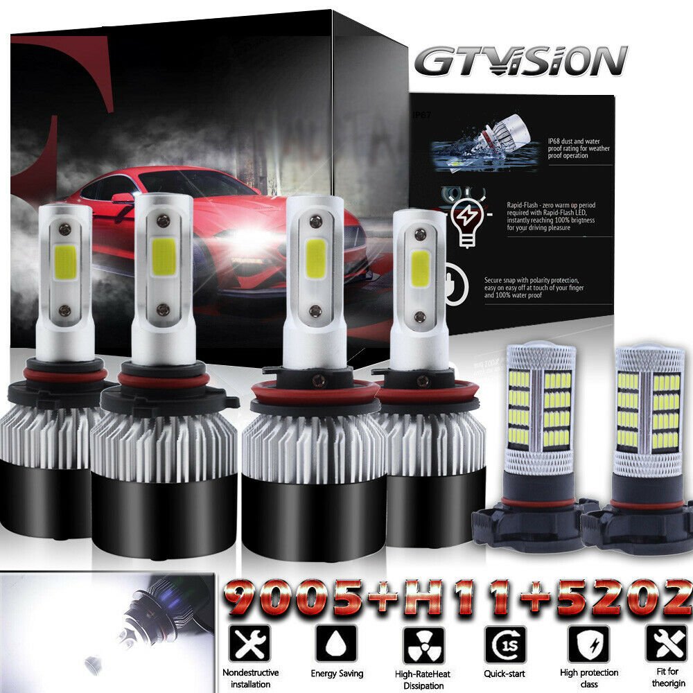 H11 9005 LED Headlight High Low + 5202 Fog Light for 07-15 Chevy Silverado 1500