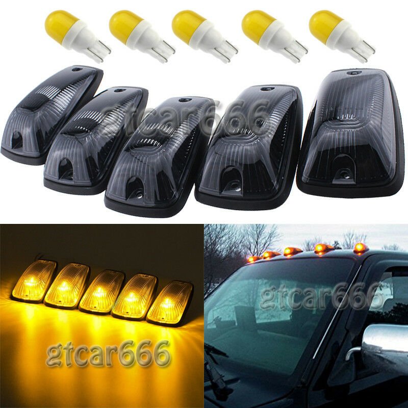 5x Cab Roof Running Marker Light Amber Cover + Base +LED For 1988-2002 Chevy GMC