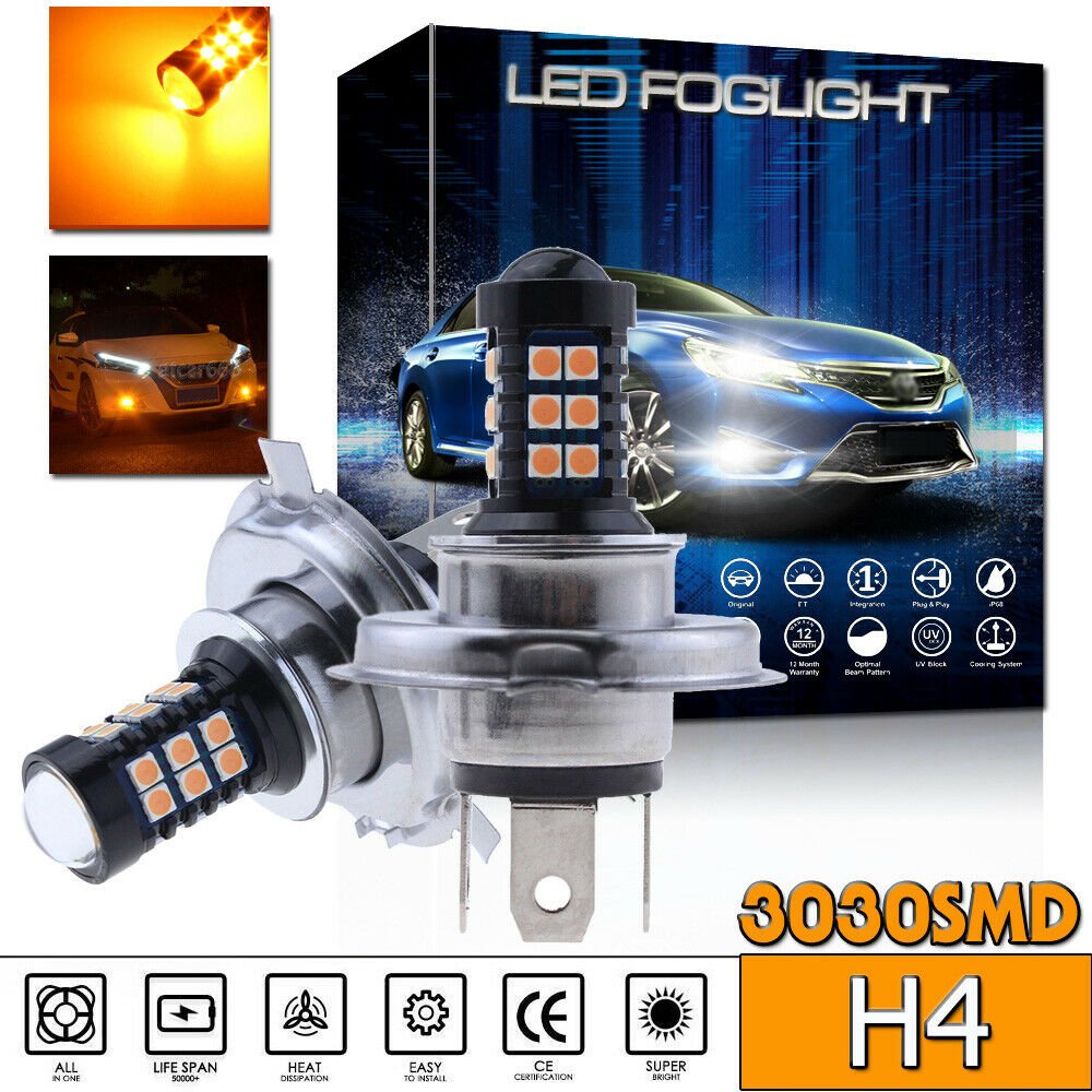 2x 30SMD H4 Projector 3030 LED Amber Yellow Car Fog Daytime Running Light Bulbs