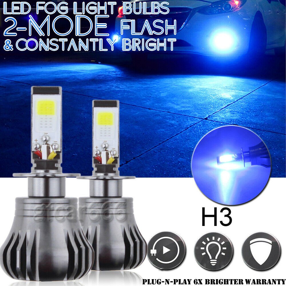 2x H3 LED 10000K Blue 2-Mode Still + Flash Fog Driving Light DRL Bulb High Power