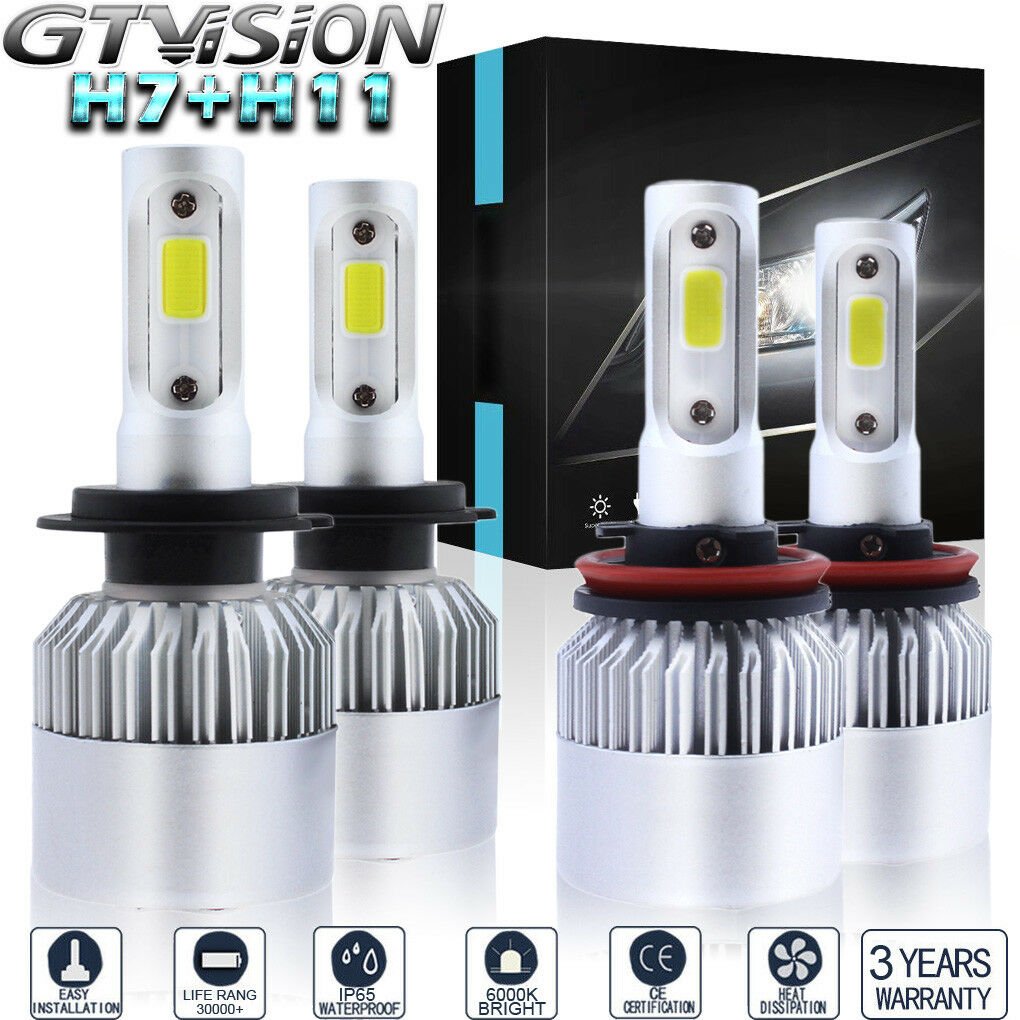 4x Combo H11 H7 LED Headlight Bulbs Kit High Low Beam Total 2800W 420000LM 6000K