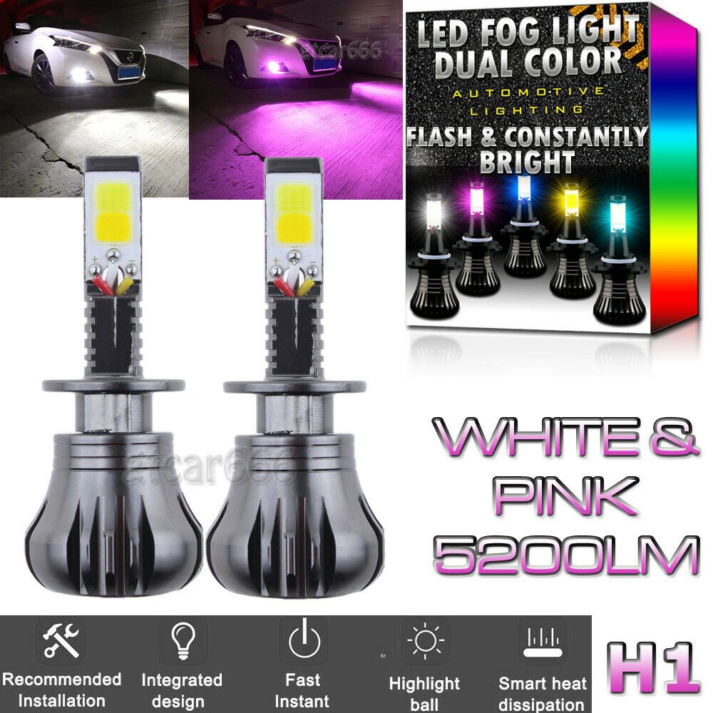 2x H1 LED DRL Fog Driving Light Bulb Dual Color Strobe Flash White Pink Purple