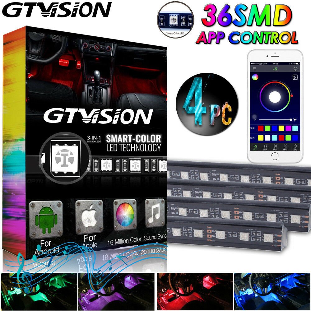 4x RGB Color Glow Smart APP Control Under Dash Footwell Interior USB Light Strip