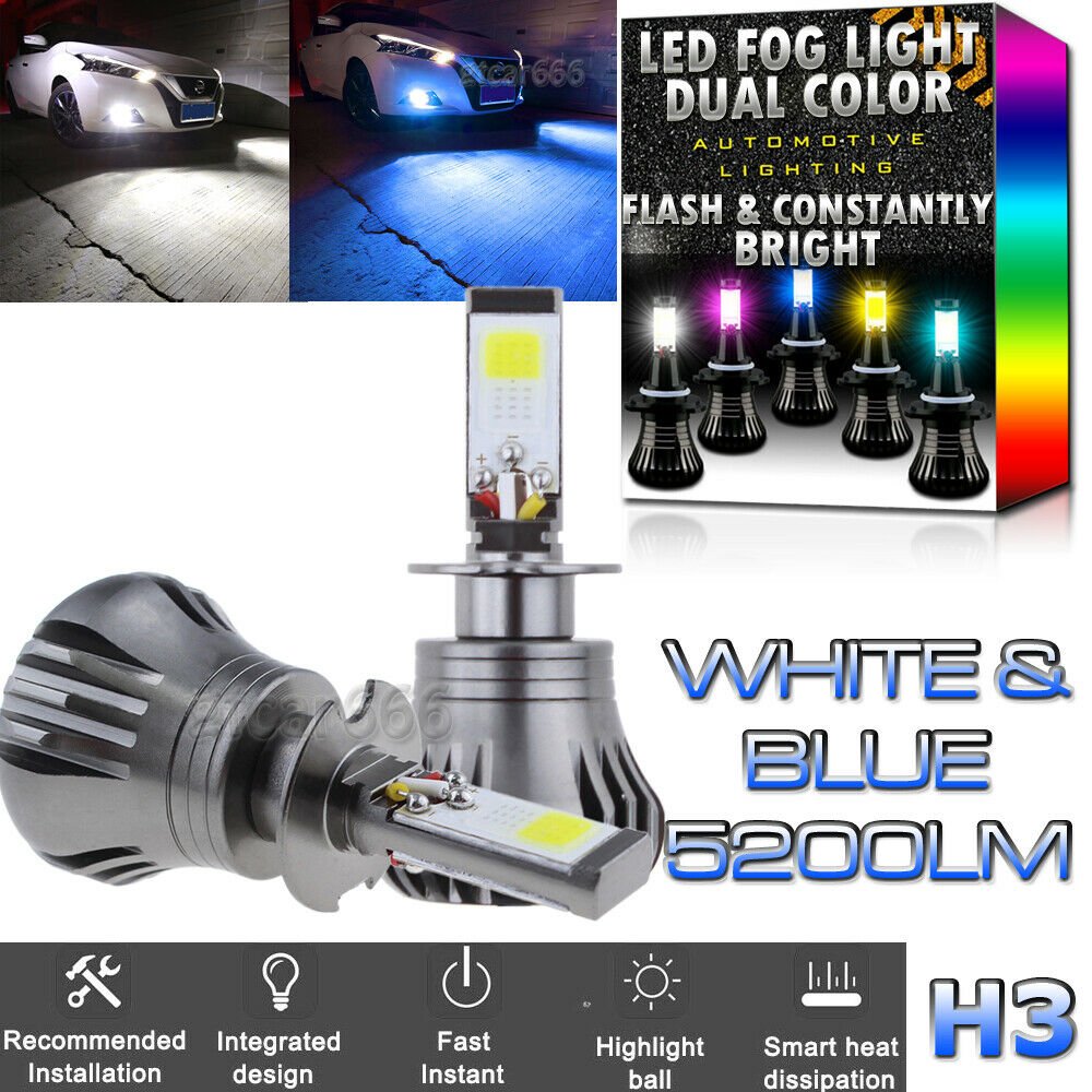 2x H3 Upgrade LED DRL Fog Light Bulbs Dual Color Still / Flash Mode White + Blue