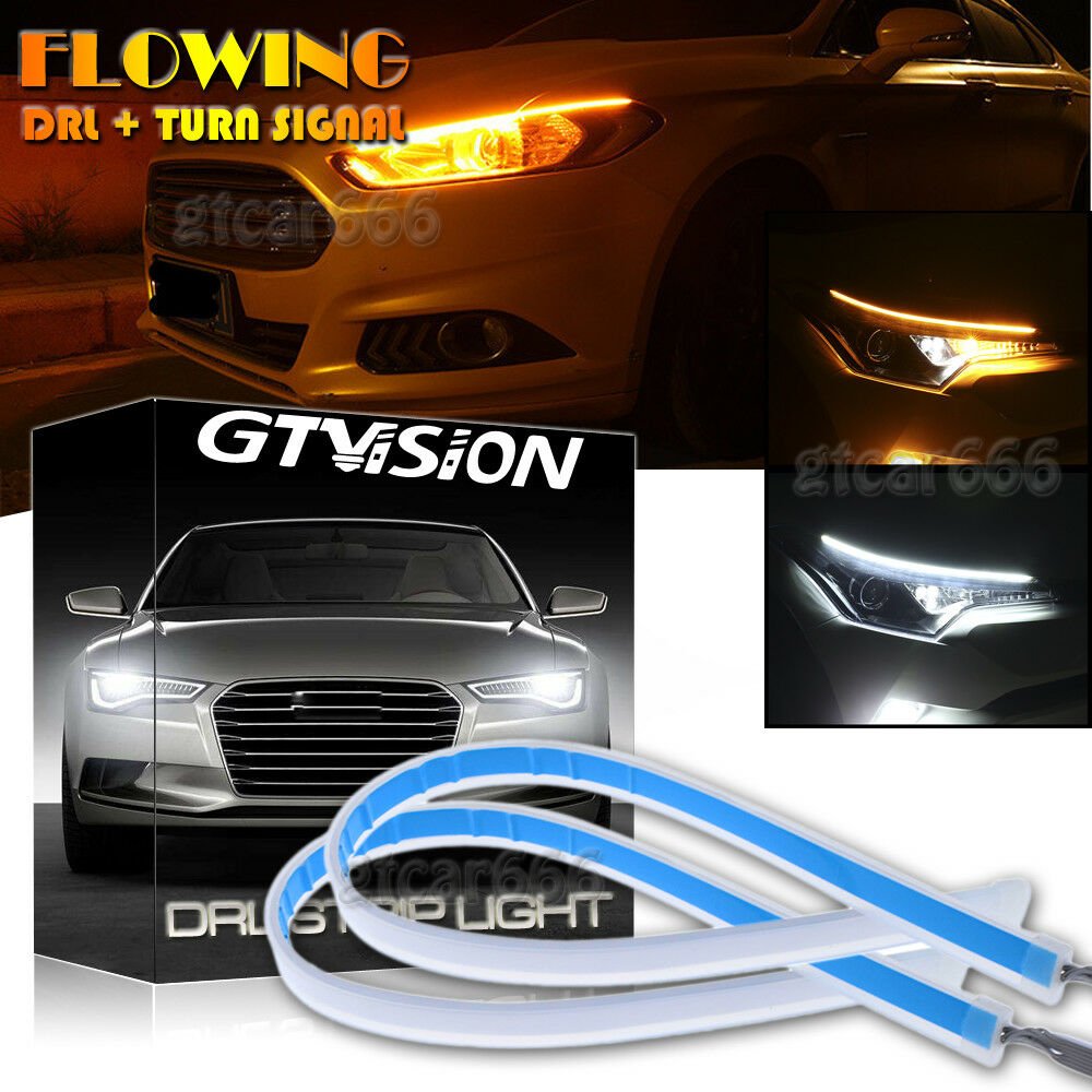 30CM LED Slim Headlight Strip Light DRL White Switchback Trun Signal Flow Amber