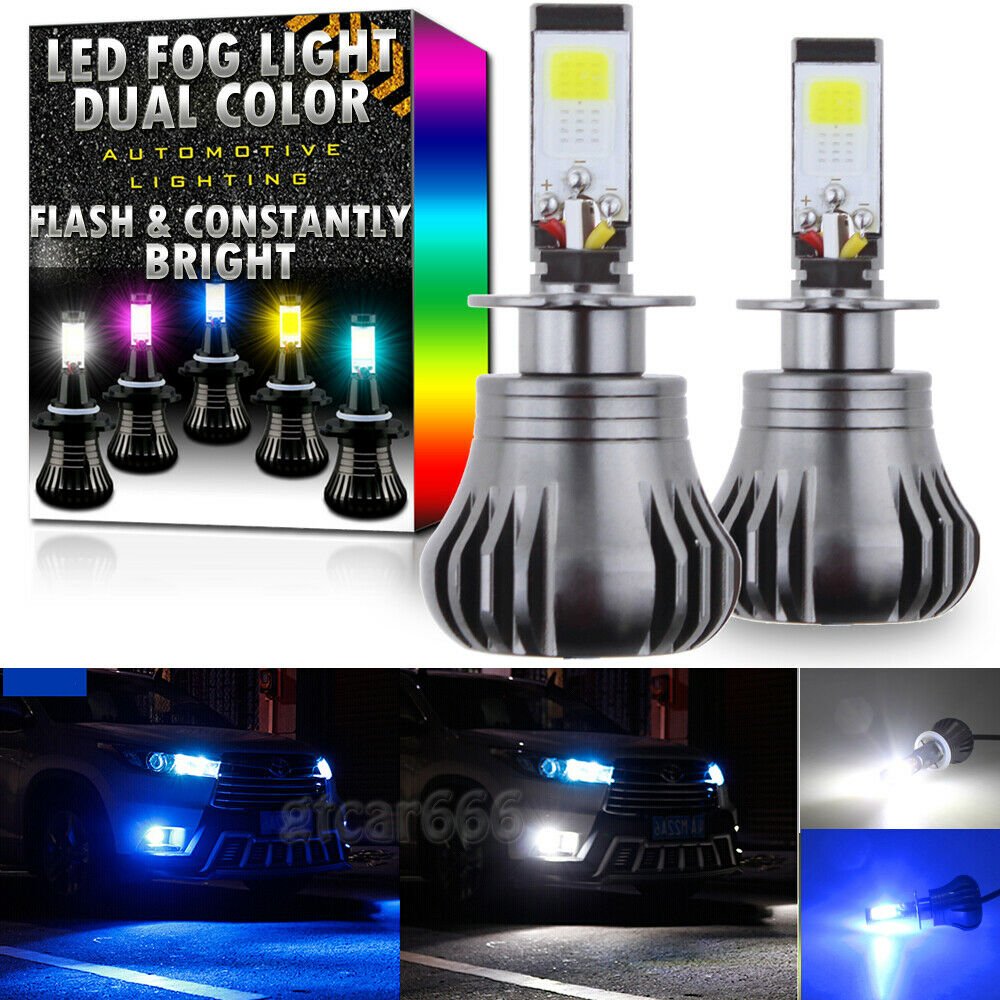 H3 High Power LED DRL Fog Driving Light Bulb Dual Color Strobe Flash White Blue