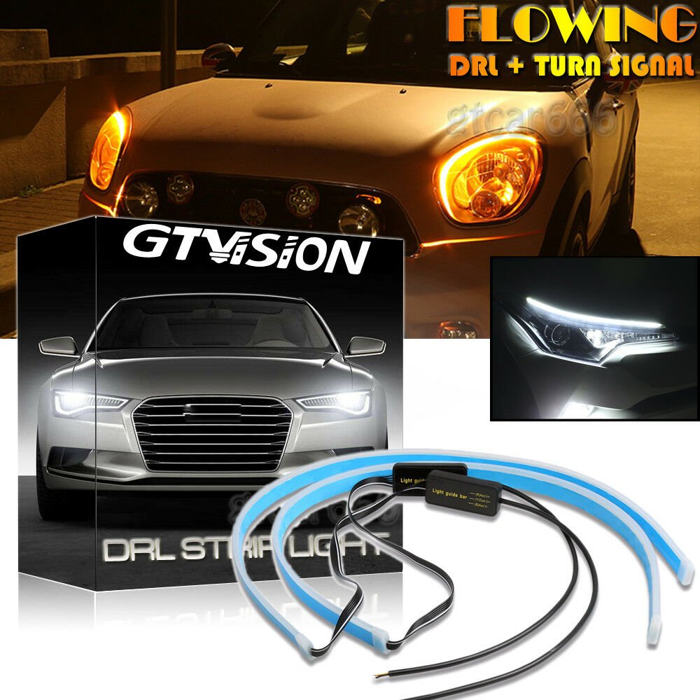 30cm Slim LED Headlight Eyebrow DRL Strip Light Turn Signal Flowing White Amber