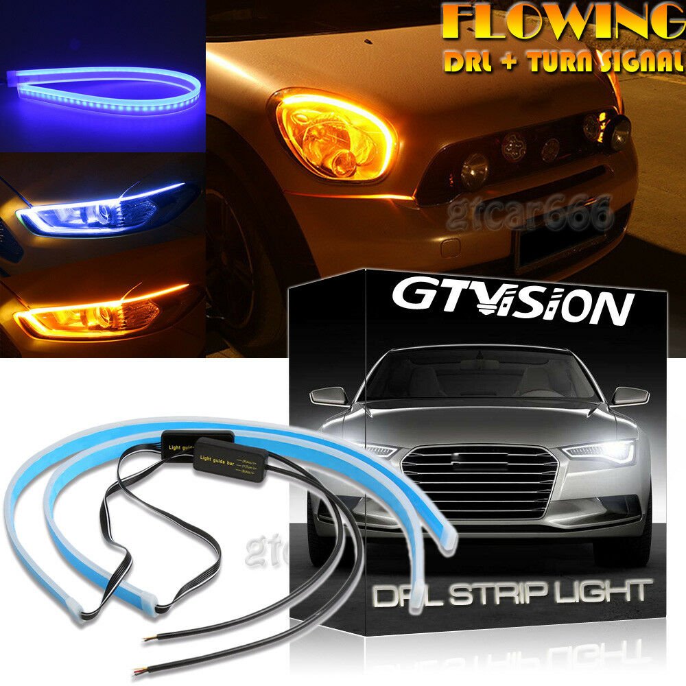 2X 45cm Slim LED Switchback Headlight Sequential DRL Light Strip Blue & Yellow
