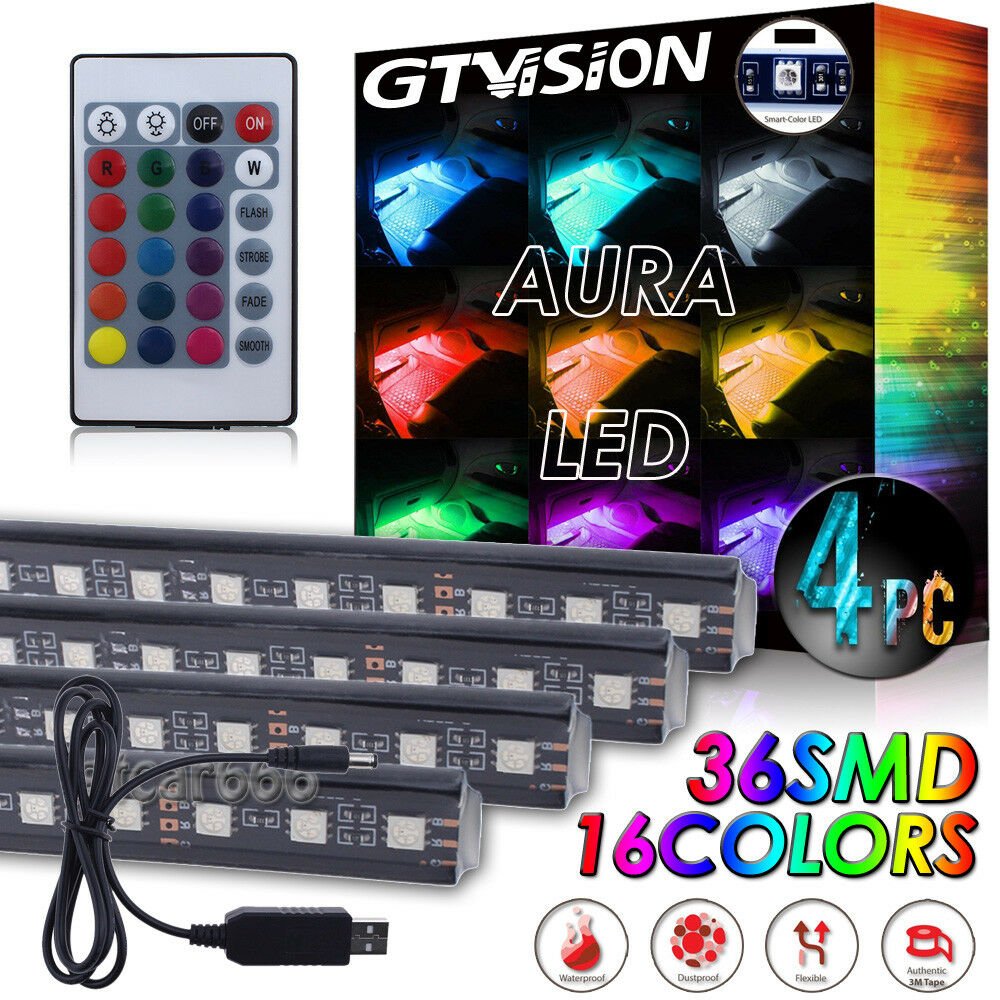4x Multi-Color RGB Wireless Remote Control 36 LED Strip Lights Car Interior USB