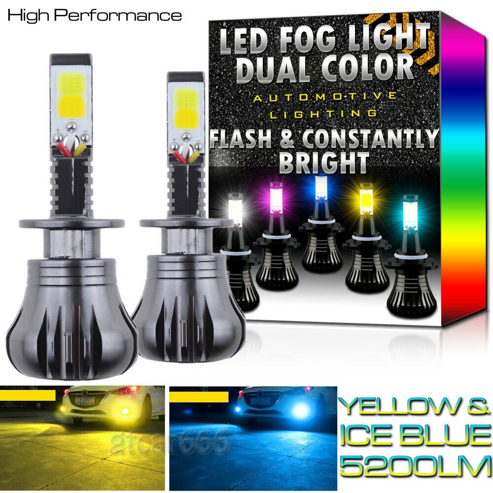 2x H1 LED DRL Fog Driving Light Bulb Dual Color Strobe Flash Yellow + Ice Blue