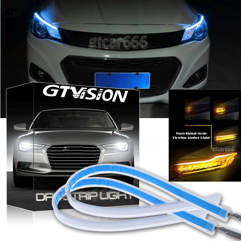 2x Flexible DRL Strip Light LED ICE BLUE Yellow Flow Switchback Turn Signal 30CM