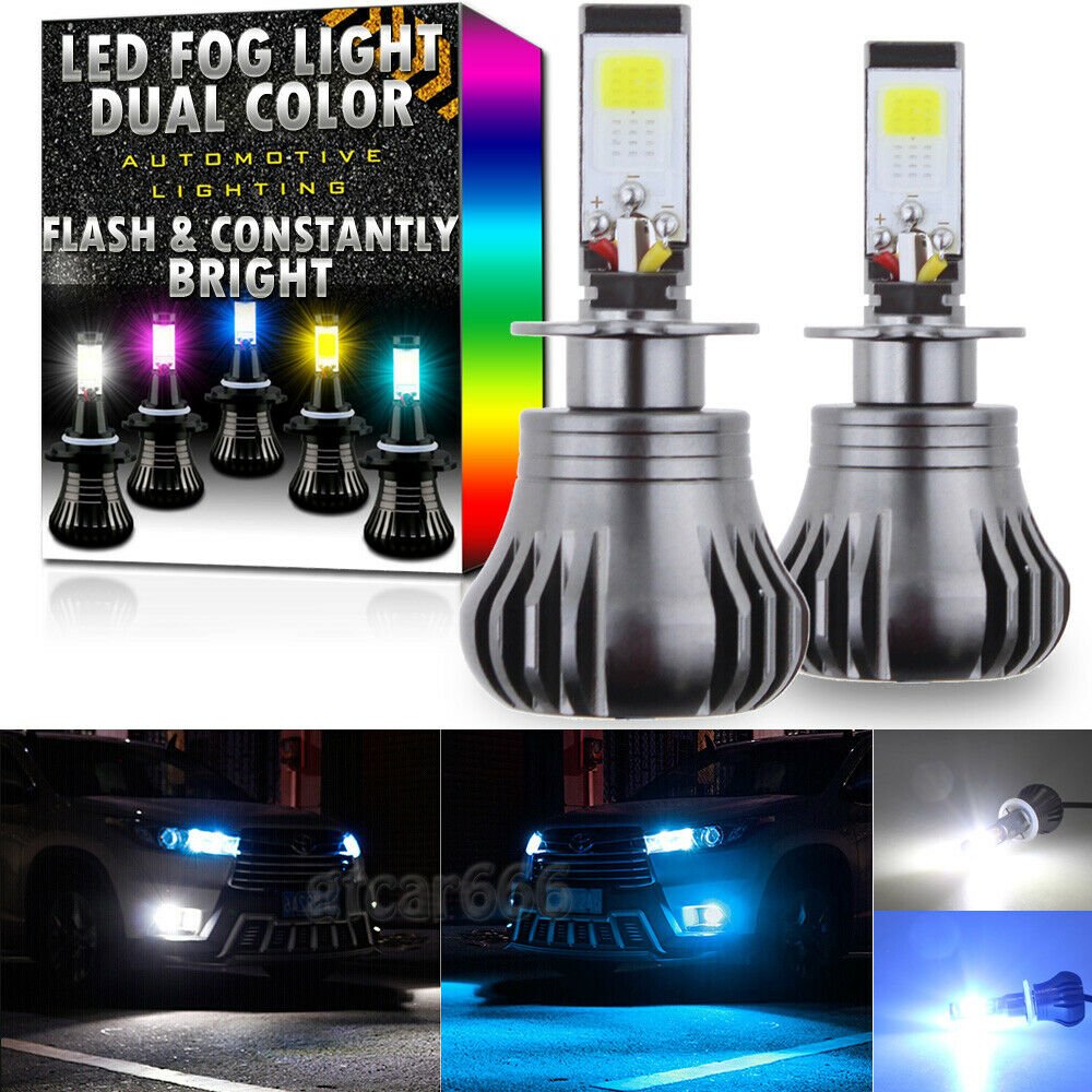 2pc H3 Dual Color 2-Mode Flash Blinking Bright LED Fog DRL Driving Light Bulbs
