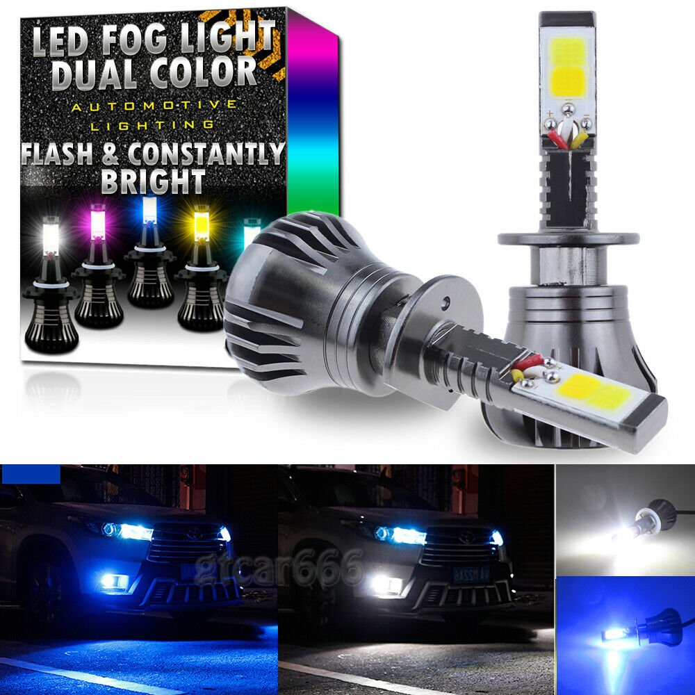 2X H1 Upgrade LED DRL Fog Light Bulbs Dual Color Still / Flash Mode White + Blue